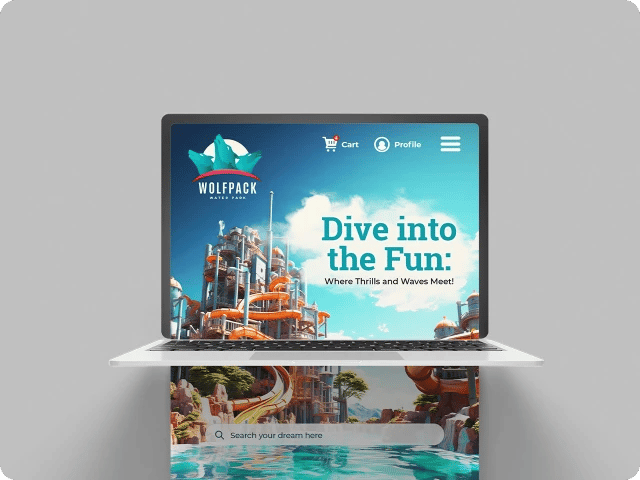 Laptop screen displaying a water park website with the slogan 'Dive into the Fun: Where Thrills and Waves Meet' and a search bar for dreams.