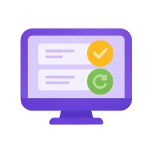 Computer monitor displaying a checklist with a yellow checkmark and a green refresh icon.