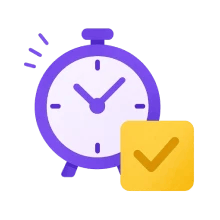 Purple stopwatch showing 10:10 with yellow check mark icon.