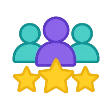 Icon of three user figures with one purple figure in front and three gold stars below representing a dedicated design team.