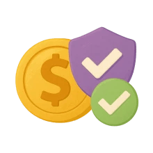 Gold coin with dollar sign alongside a purple shield and green circle, both displaying check marks.